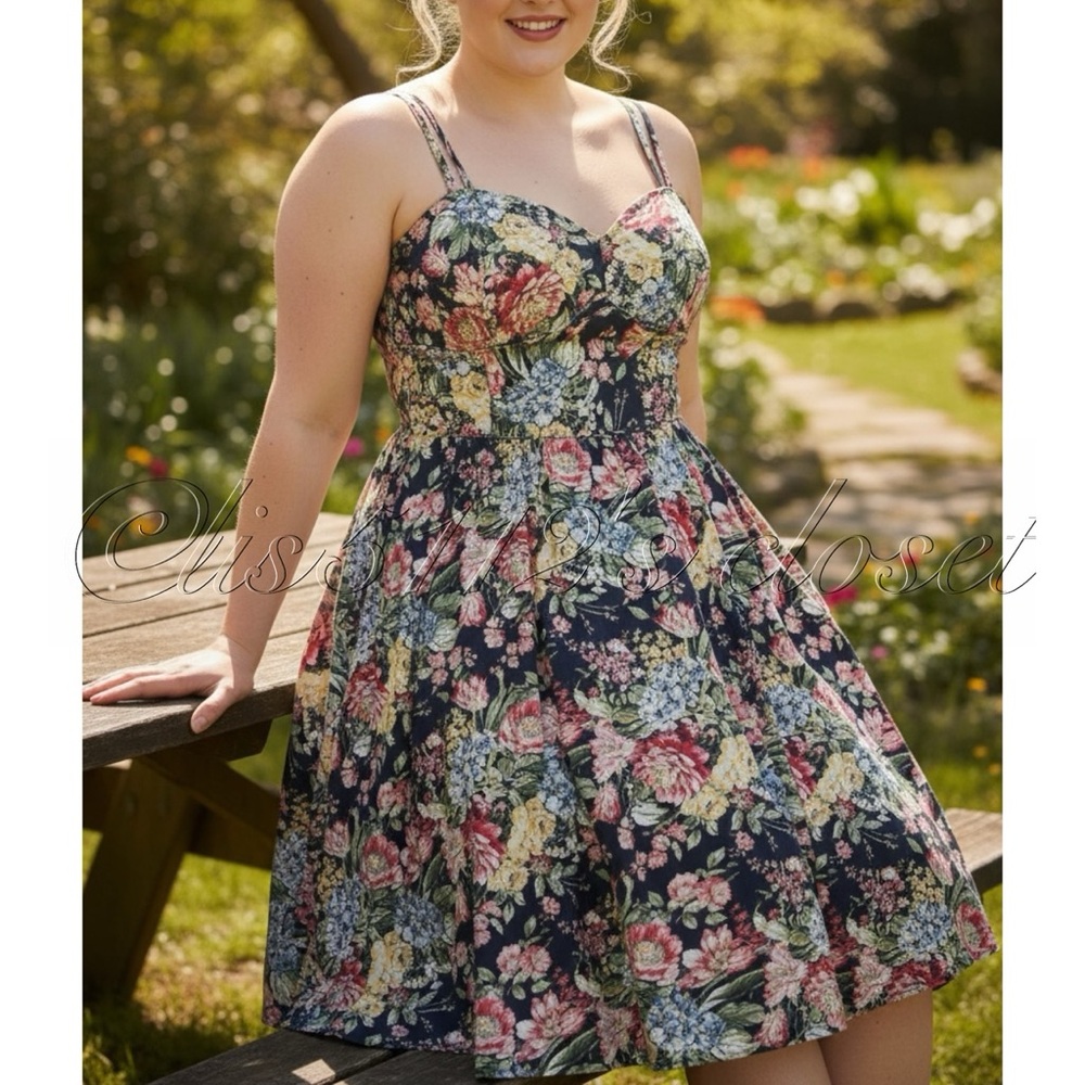 Unique Vintage Navy Garden Party Floral Print Pinup Retro Swing Dress 2X 18 - Picture 8 of 14